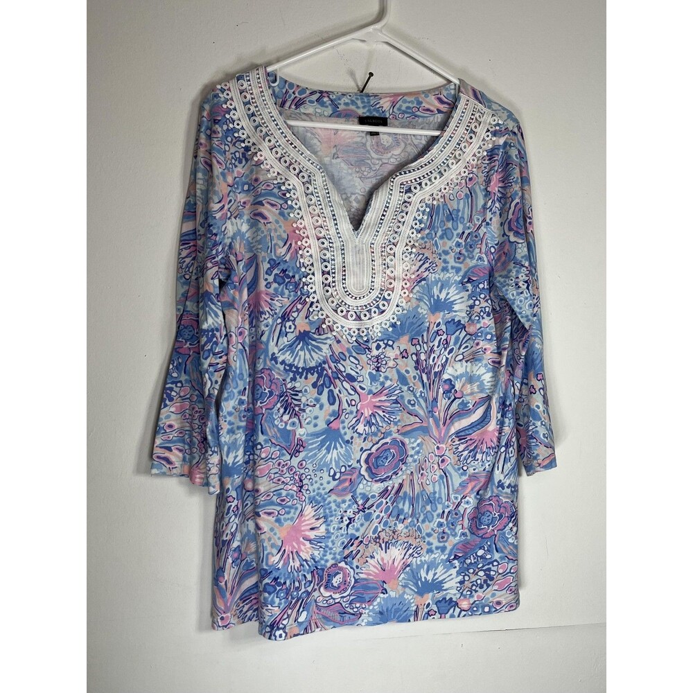 Floral Tunic Blouse Womens Size Unknown Blue Pink Embroidered 3/4 Sleeve